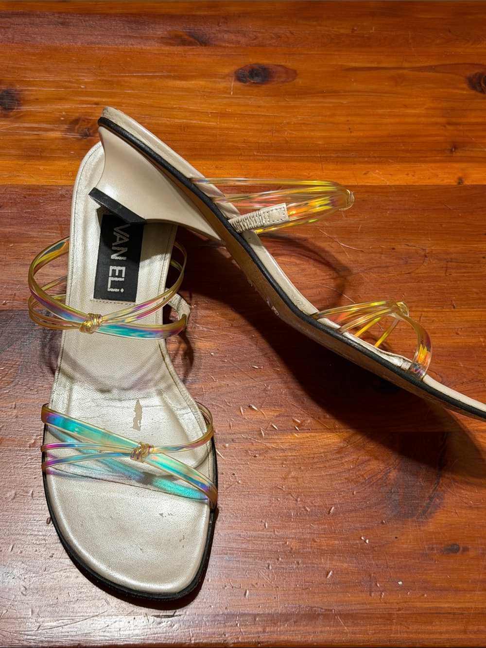 Vintage Van Eli Iridescent Holographic Strappy Kitten Heels Slide Sandals Size 7
